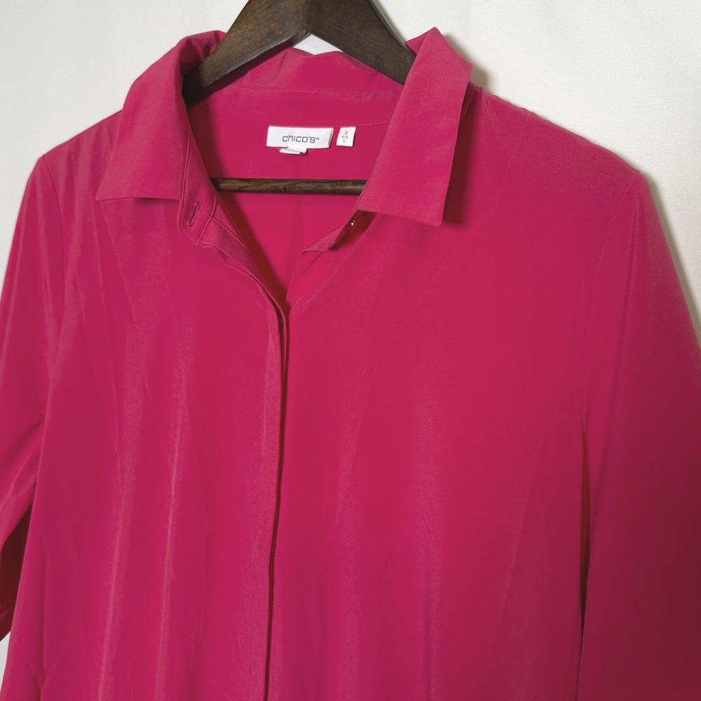 Chicos Pink Button Down Tunic Dress Bungee Hem 570345359 Womens Size 2/Large - Picture 2 of 10
